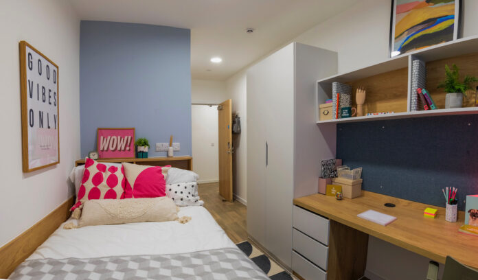 A bedroom in Watkin Jones' Ty Nant Swansea-based PBSA scheme which has recently reached completion | PBSA News A bedroom in Watkin Jones' Ty Nant Swansea-based PBSA scheme which has recently reached completion | PBSA News