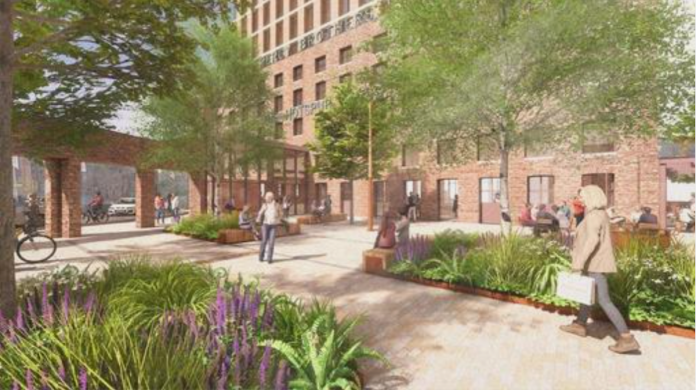 Illustrative view of the proposed public realm at The Hotspur Press redevelopment | PBSA News Illustrative view of the proposed public realm at The Hotspur Press redevelopment | PBSA News
