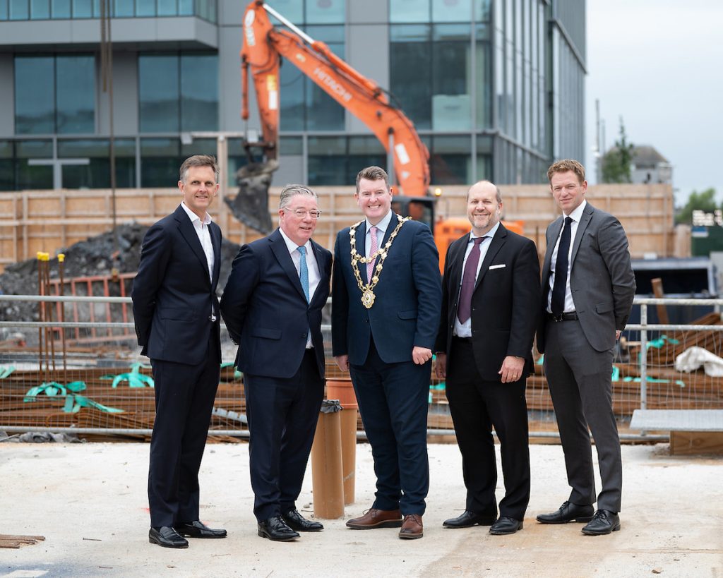 Pictured left to right - Paddy McElligott (Head of Investment - Activate capital) Ciarán McIntyre (Co-Founder & Head Of Real Estate - Elkstone), Mayor Peter Keane (Mayor Galway City Council), Ben Chittick (Managing Director, Head of Asset Management – Europe, Harrison Street), Brendan Byron (Investment Director - ISIF) - Queen Street | PBSA News