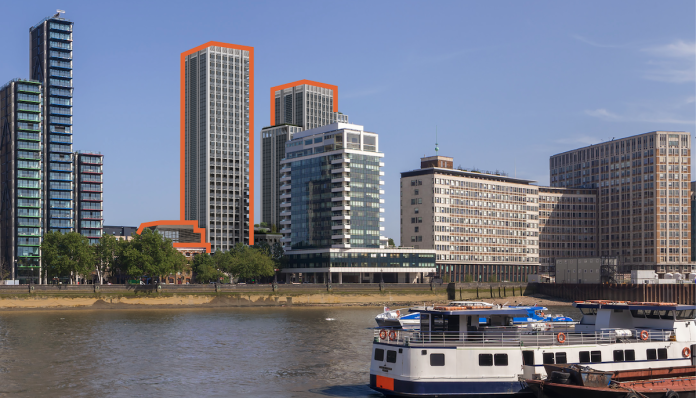 View of Urbanest's proposed student accommodation development (outlined in red), from the River Thames | PBSA News