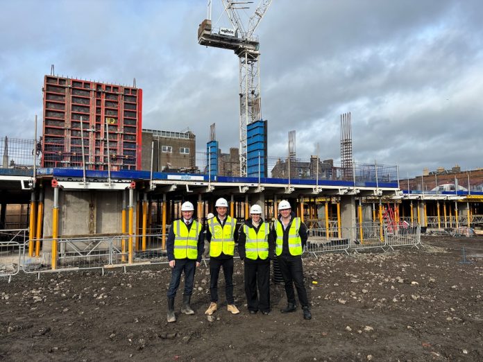 Pictured left to right: Grier Edmead, Ogilvie Construction with Hugo Briars, Serena Haggas and Marcus Weeks, Firethorn Trust. Pictured left to right: Grier Edmead, Ogilvie Construction with Hugo Briars, Serena Haggas and Marcus Weeks, Firethorn Trust.